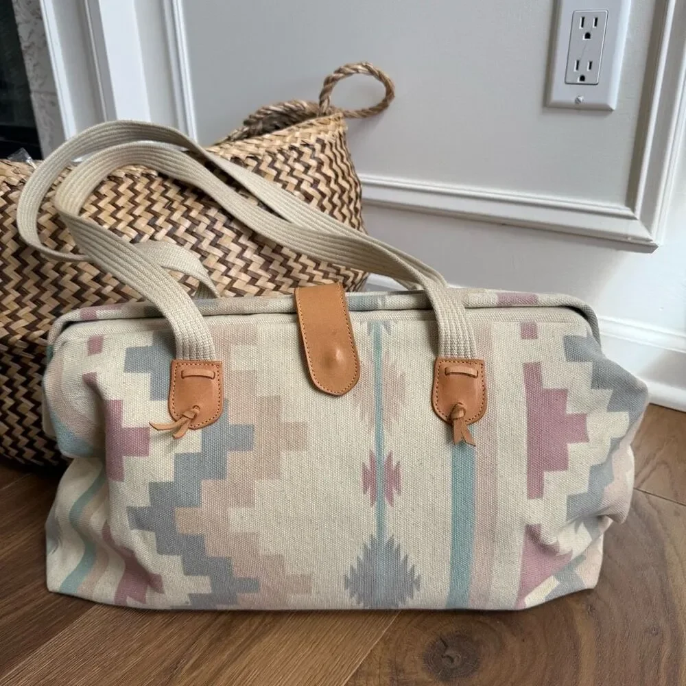 Vintage 90s Southwestern Pattern Canvas Satchel Clamshell Small Tote Mauve Teal